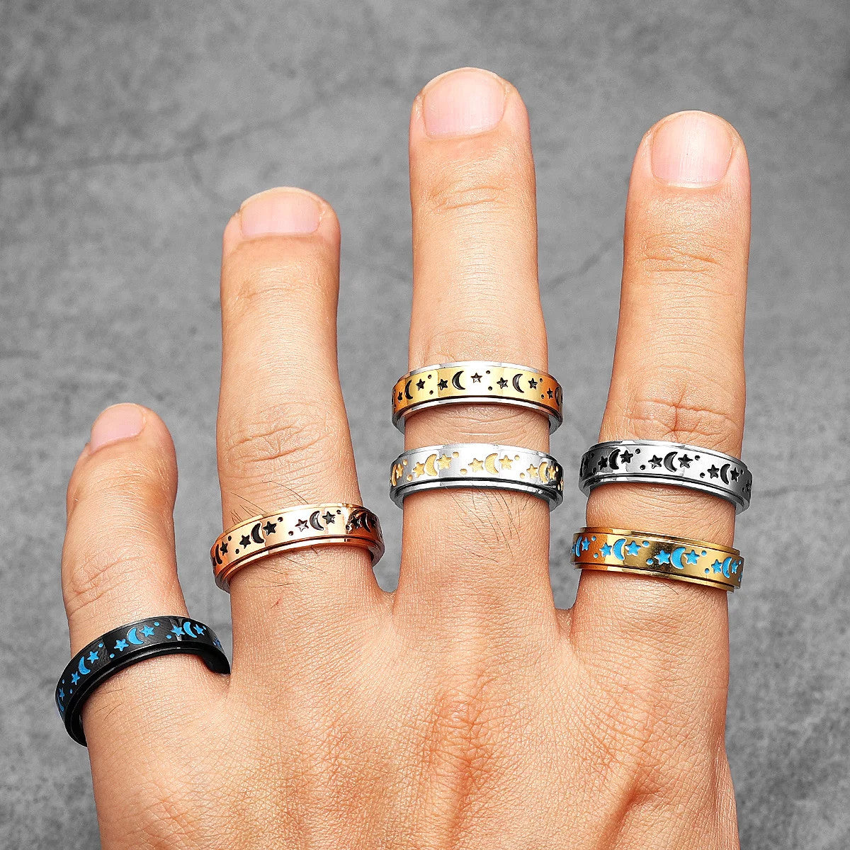 The Night Sky | 316L Stainless Steel Stars Moon Luminous Glowing Rotatable Rings