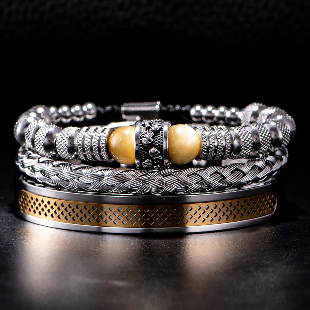 Tiger Eye | Natural Stone 3 Piece Stainless Steel Luxury No Fading Adjustable Bracelets