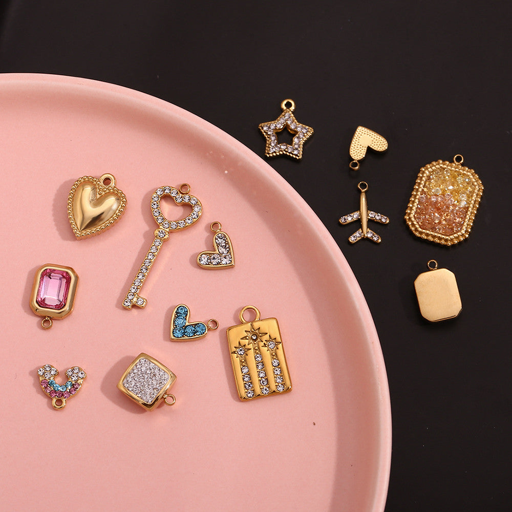Charms | 18k Gold Stainless Steel No Fade Bead Heart-shaped Key Rainbow Necklace Charms