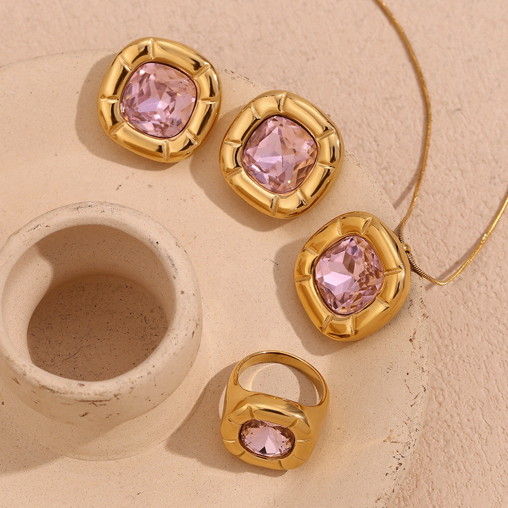 Ladies 18k Gold Waterproof Round Square Flower CZ Earrings Necklace Ring Set