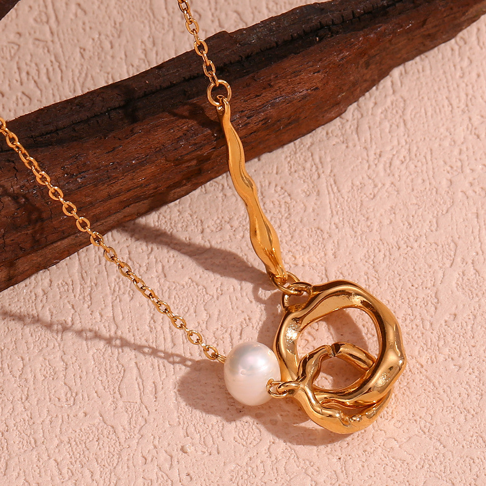 18k Gold Tarnish Free Freshwater Pearl Stainless Steel Double Loop Chain Pendant