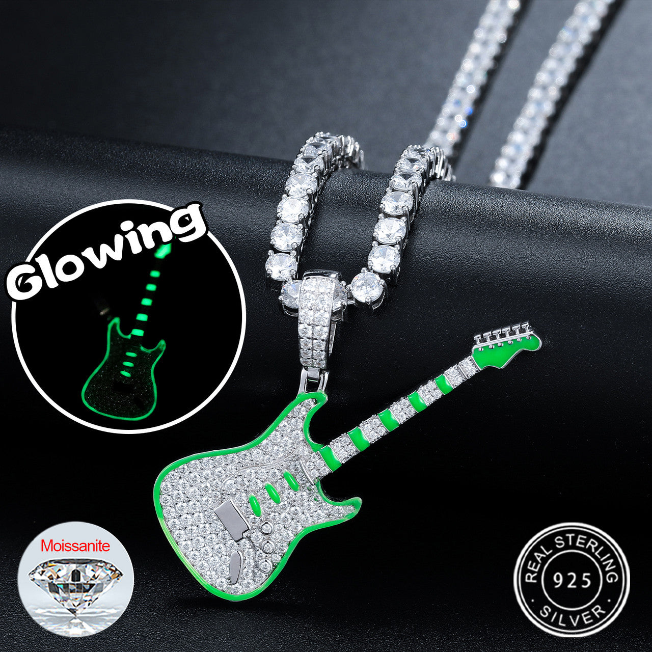 RockStar | Moissanite Diamond Glow In The Dark 925 Sterling Silver Guitar Street Rock Chain