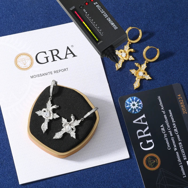 Serpent Arrow Cross | Iced Blinged Out Moissanite Diamond Huggie Dangle 925 Silver Earrings