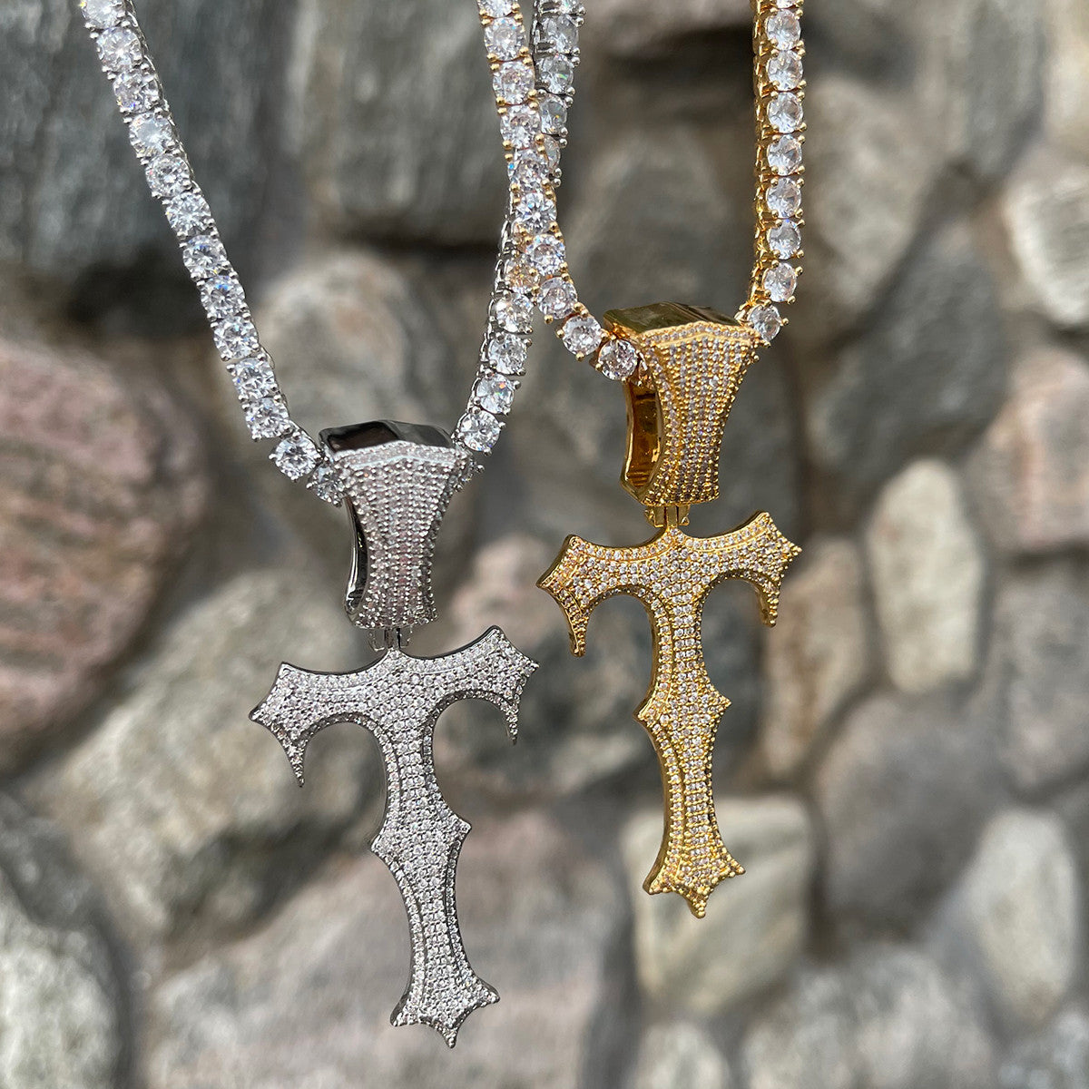 Frozen Ice Micro Pave Trap Star Hip Hop Cross Pendant Chain Necklace