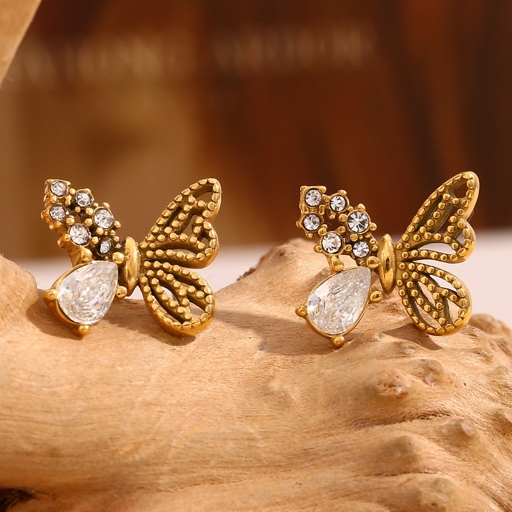 18k Gold Stainless Steel Half Set Zircon Butterfly Stud Waterproof Earrings