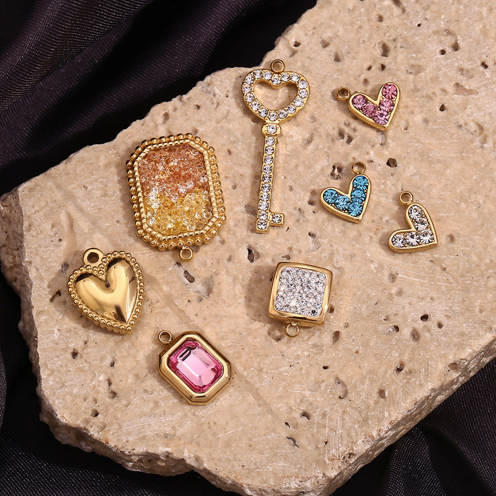 Charms | 18k Gold Stainless Steel No Fade Bead Heart-shaped Key Rainbow Necklace Charms