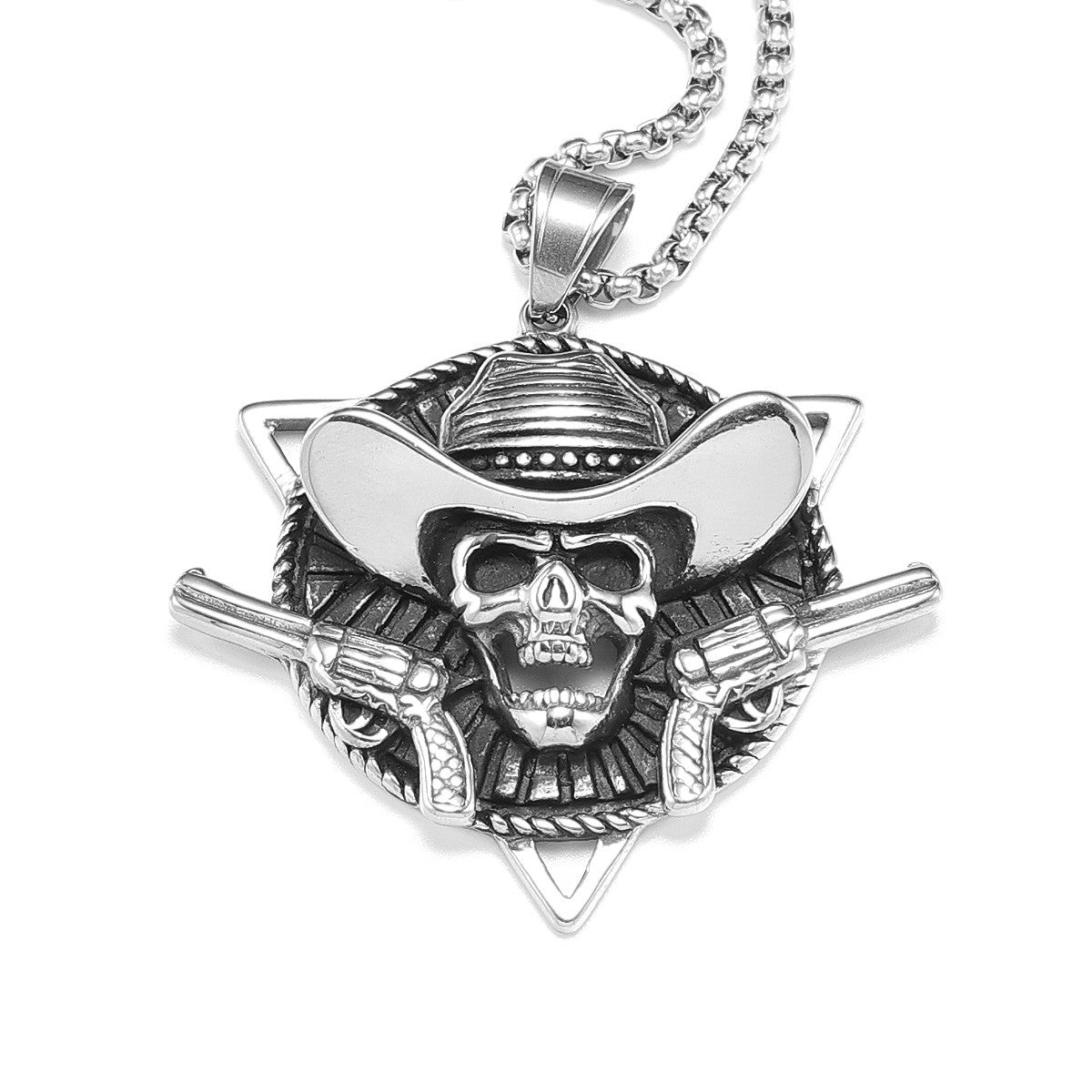 Mens Hip Hop 316L No Fade Stainless Steel Skull Cowboy Pendant Chain Necklace