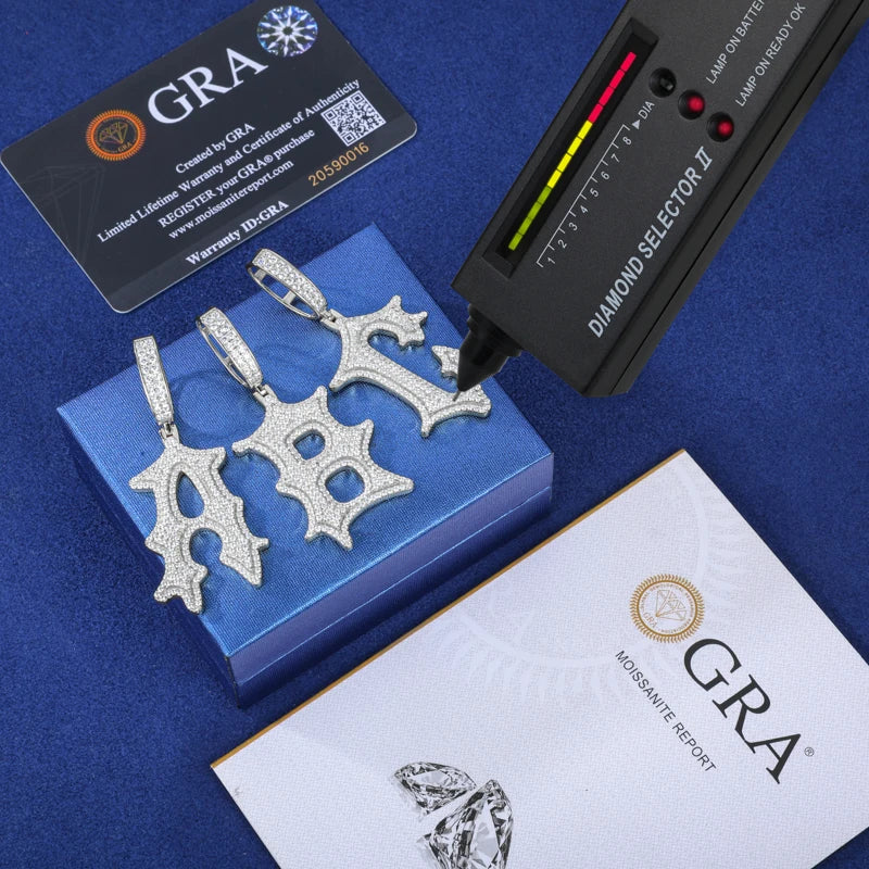 Ancient Text | Solid 925 Sterling Silver Moissanite Diamond Initial Letter Hip Hop Pendants