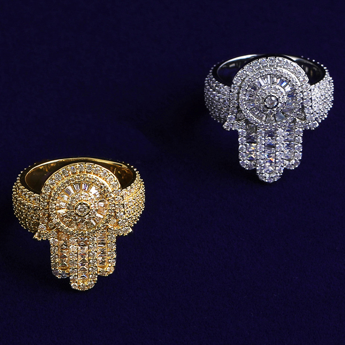 Hand To Hand | VVS Diamond CZ 925 Silver 24k Rose Gold Hamsa Hand Of Fatima Hip Hop Ring