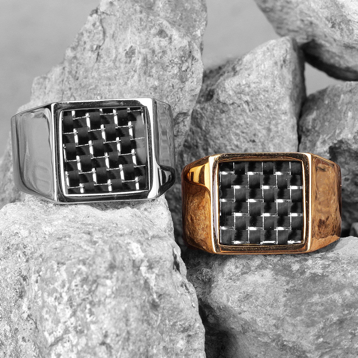 Carbon Fiber | 14k Gold over No Fade Solid Stainless Steel Mens Designer Rings