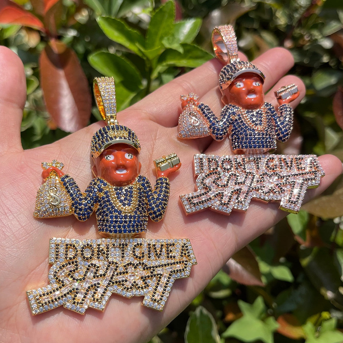 I Dont Give a Sh*t | Iced Blinged Out Money Bag Hip Hop Pendant Chain Necklace