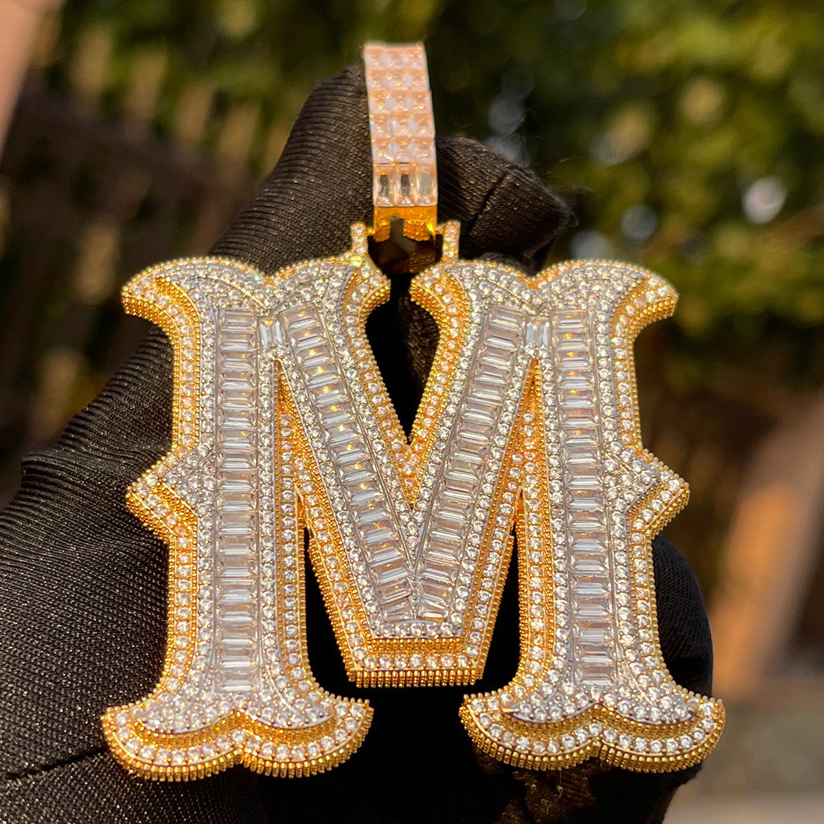 Alpha Baguette | Iced Blinged Out Initial Letter 4 Prong Set Hip Hop Pendants