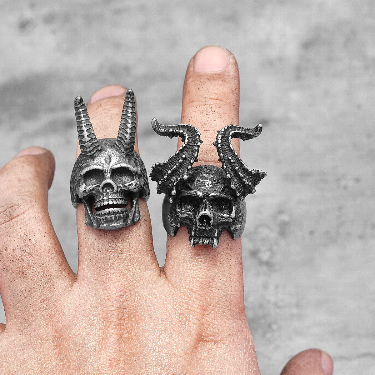 Vintage Black Maleficent 316L Stainless Steel Evil Skull Horn Men's Ring