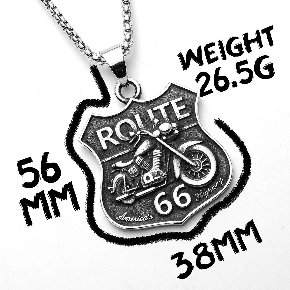 Route 66 | 316L Solid Stainless Steel Motorcycle Rider Americas Highway Street Style Pendant