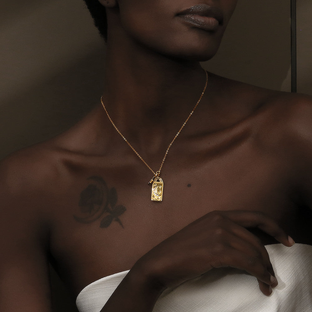 18K Gold Waterproof Stainless Steel Square CZ Moon Star Bling Tarnish Free Pendant