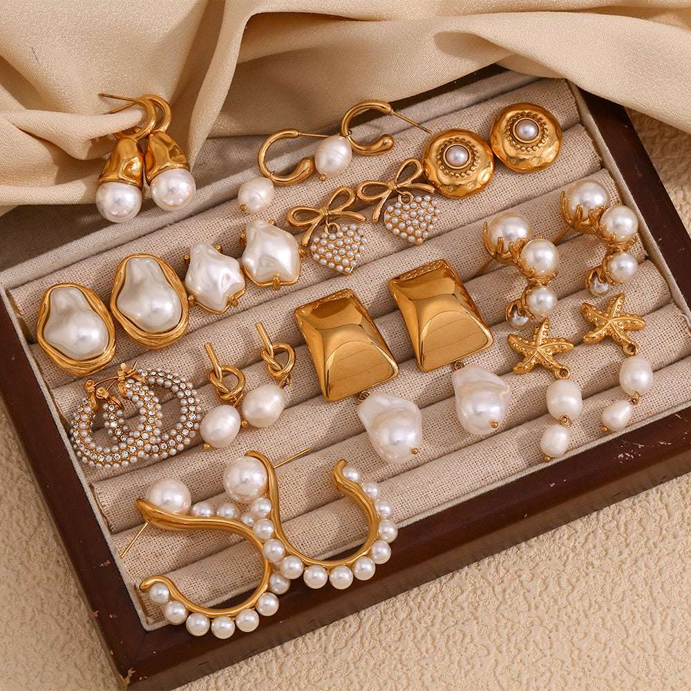 Ladies 10 styles Imitaion Pearl 18k Gold Waterproof Stainless Steel Earrings