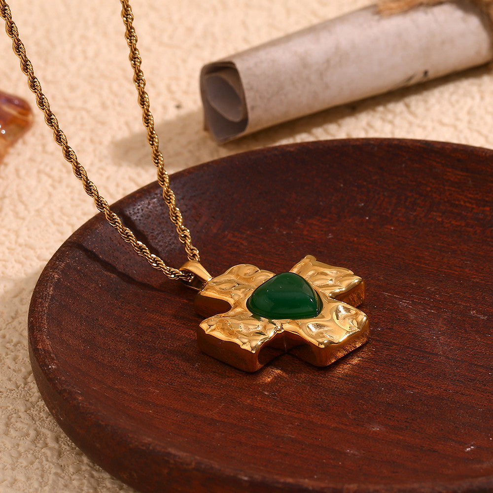 18k Gold Stainless Steel Hammered Pattern Heart Cross Agate Stone Pendant Necklace