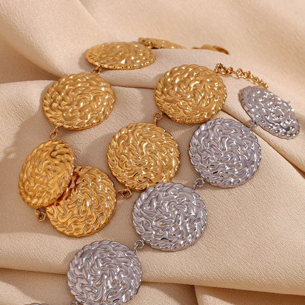 18k Gold Silver Circular Hammered Pattern Tarnish Free Stainless Steel Bracelet