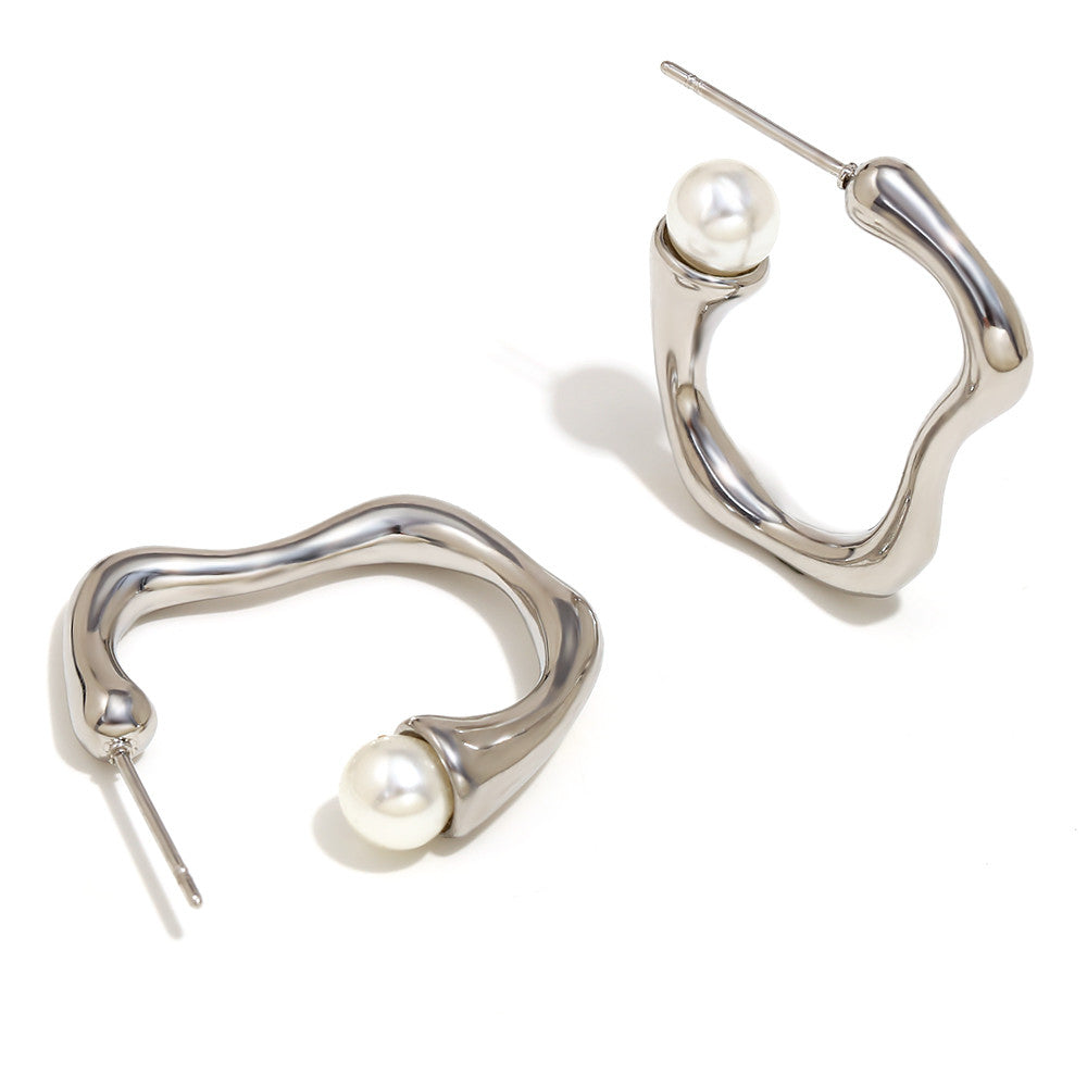 Ladies 18k Gold Silver No Fade Stainless Steel Smooth C-shaped Pearl Earrings