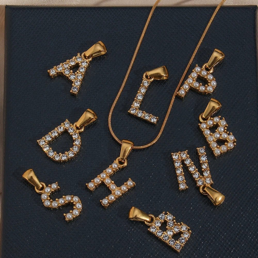 Ladies 18k Gold Stainless Steel Waterproof 26 Pearl Letter Initial Charm Necklace