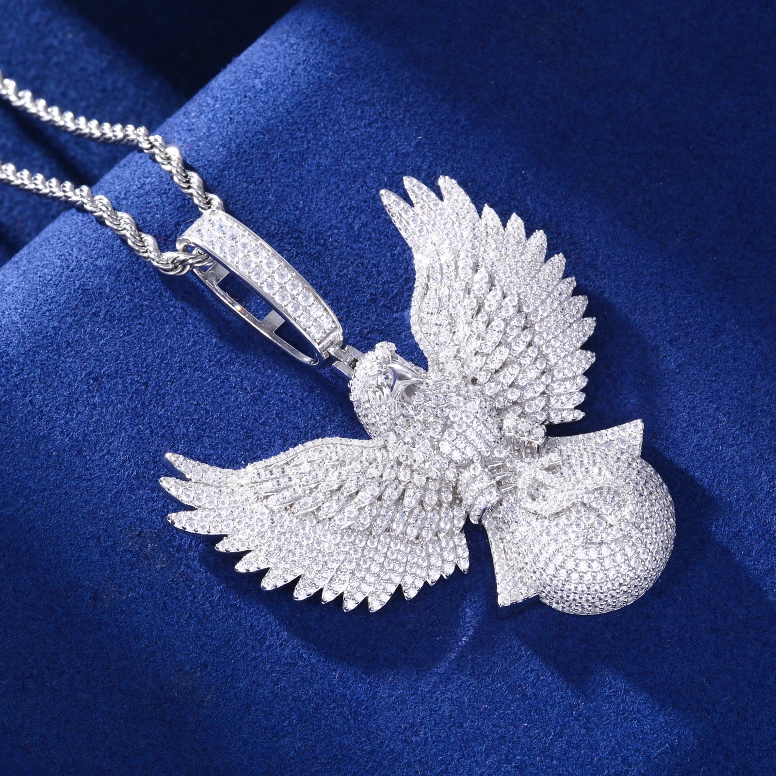 Fly High | Moissanite Diamond 925 Silver Soaring Eagle Holding Money Bag Iced Pendant