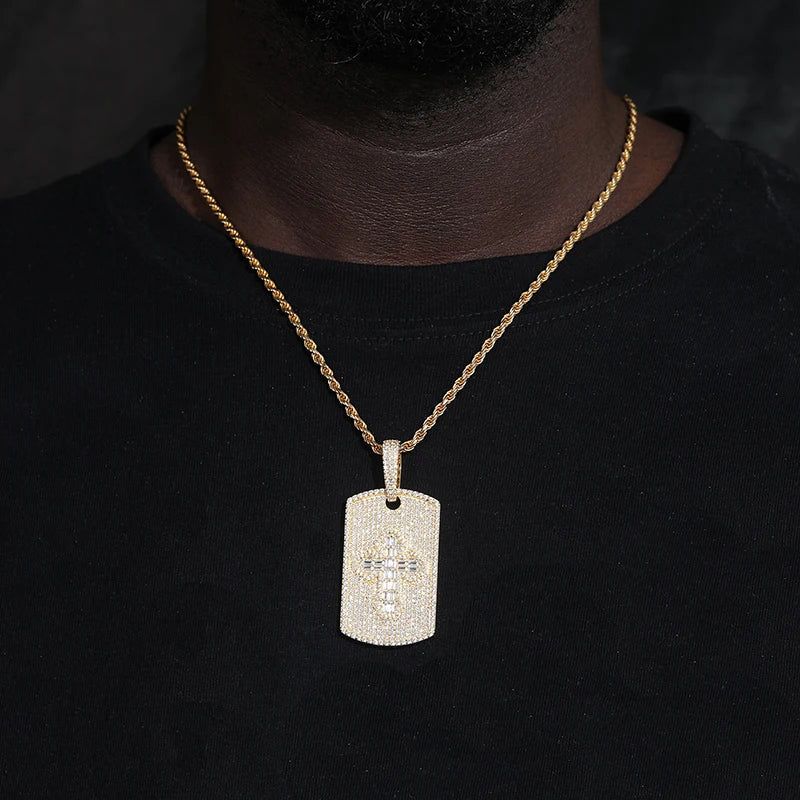Tagged Baguette Cross | Moissanite Diamond Solid 925 Silver Hip Hop Dogtag Pendant