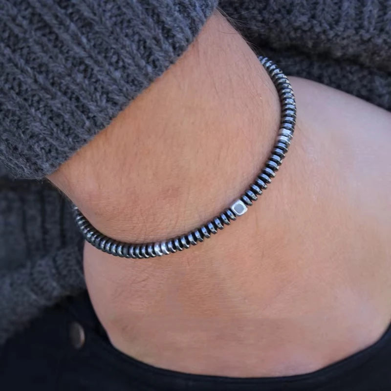 Slim Hematite | Luxury Stone Bangle Beaded Weaving Adjustable Street Wear Bracelet