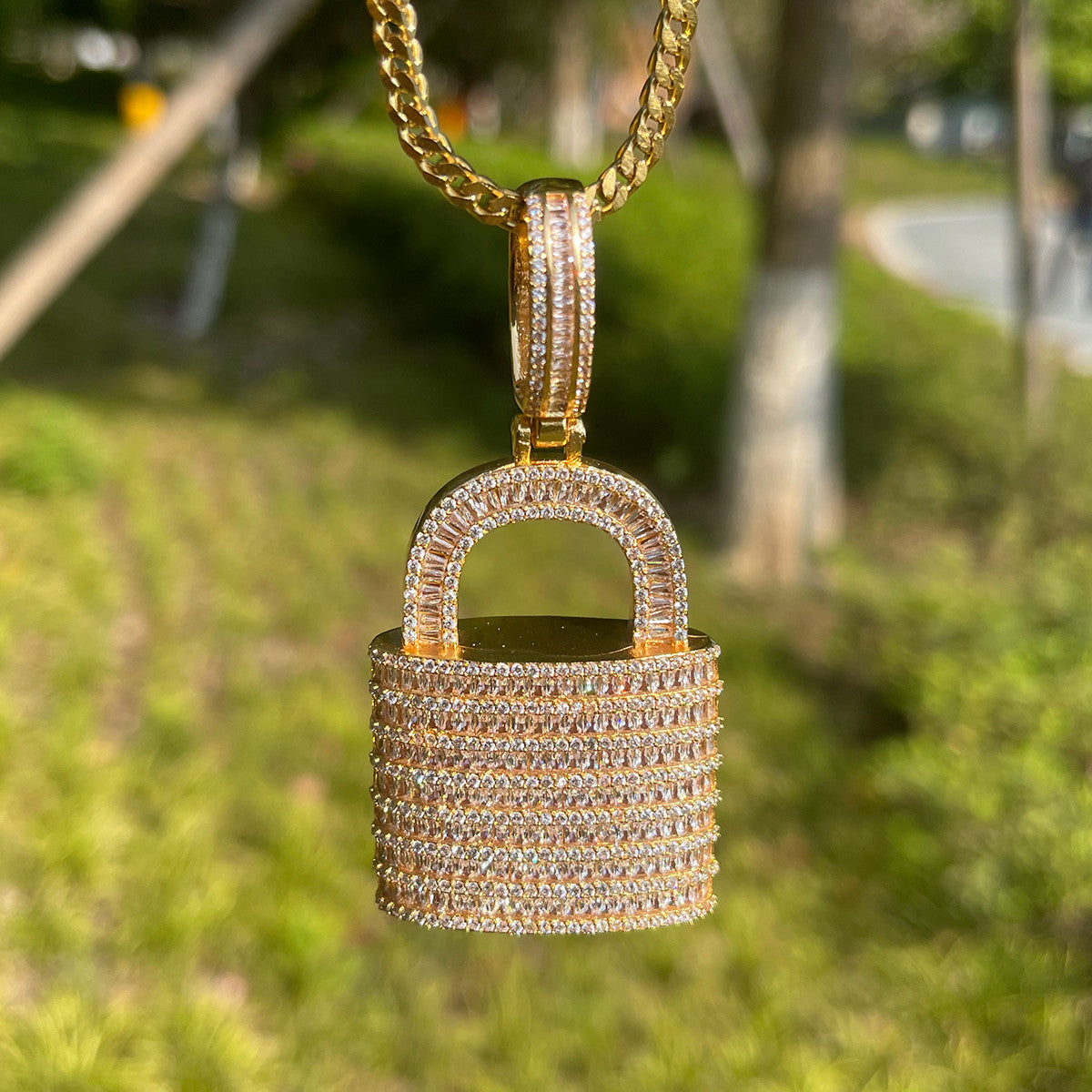 Lock Down | 24k Gold 3D VVS Diamond CZ Baguette Deadbolt Hip Hop Pendant