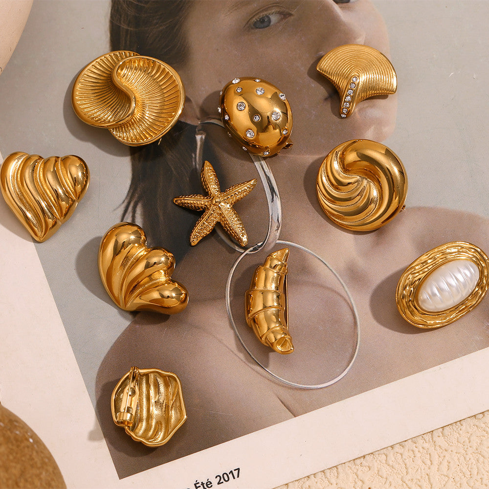 18k Gold Moon Starfish Imitation Pearl Heart Shell Stainless Steel Brooches
