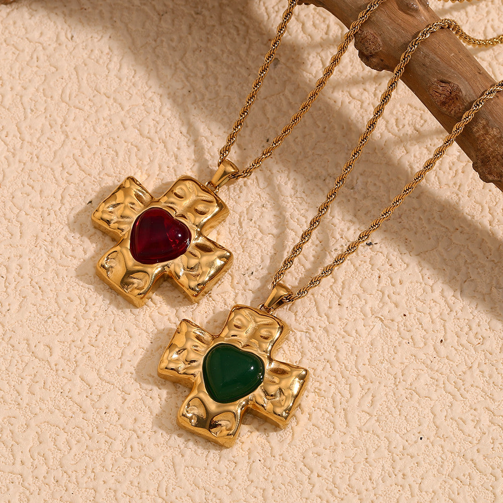 18k Gold Stainless Steel Hammered Pattern Heart Cross Agate Stone Pendant Necklace