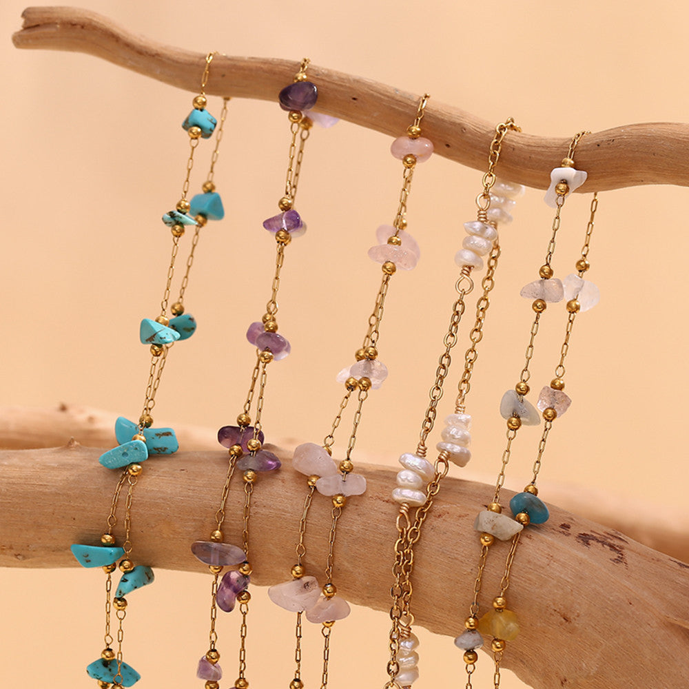 18k Gold Stainless Steel Natural Crushed Stone Handmade Waterproof Anklet Ankle Bracelets