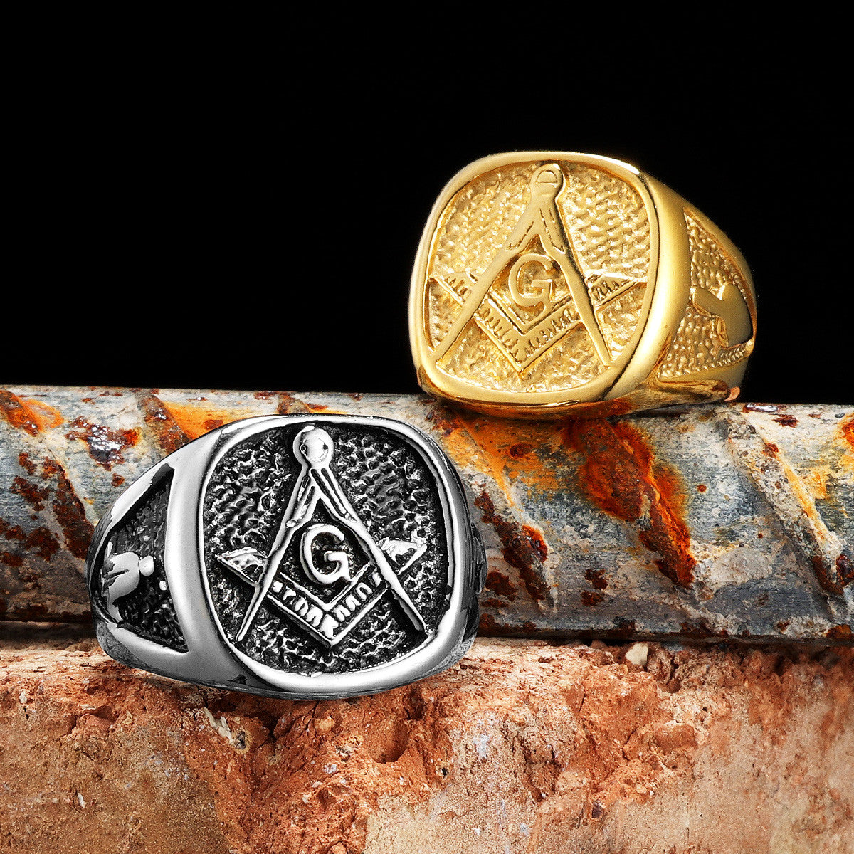 Masonic Luxury | Men's 14k Gold 316L No Fade Stainless Steel Free Mason Compass Square Rings