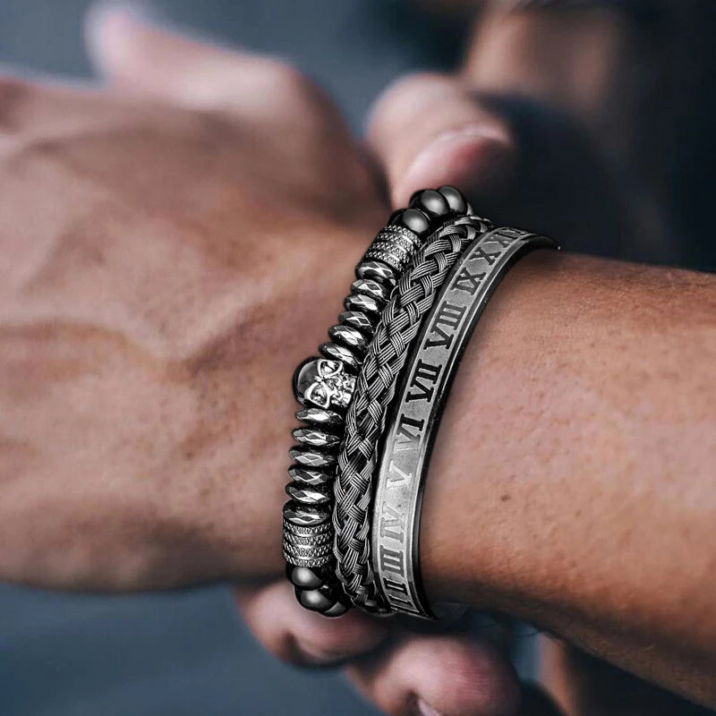 Men's Luxury Hematite Hand Made Bead 3 Piece Skull Head Hip Hop Luxury Bracelet Sets