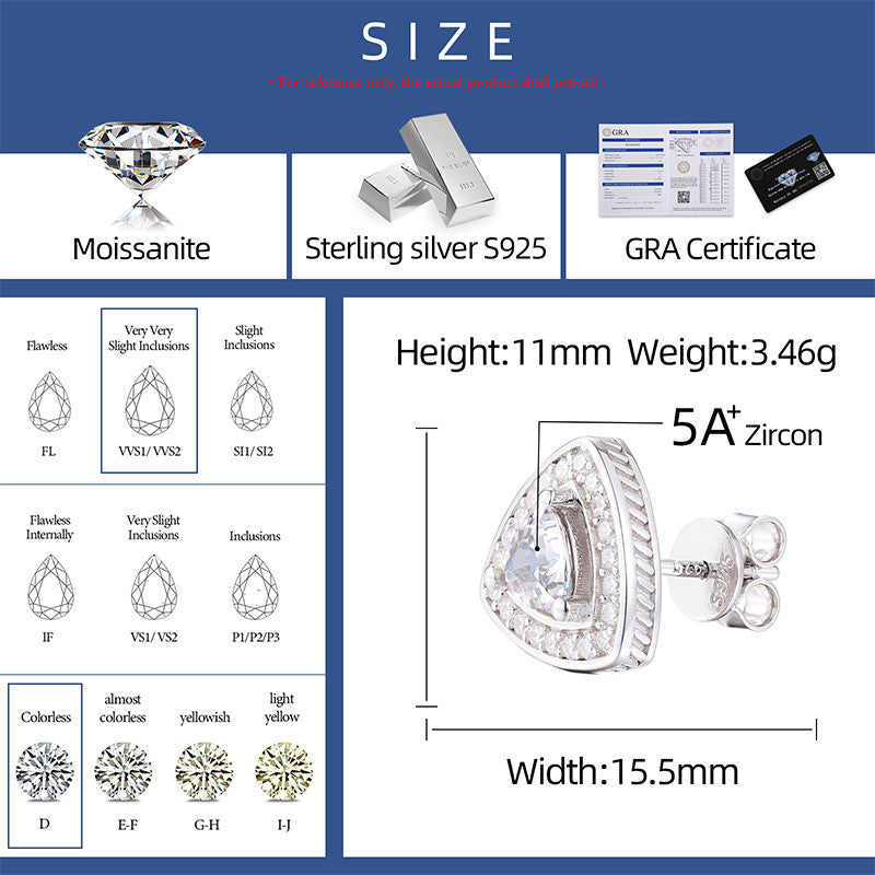 Triangle Cut Solid 925 Sterling Silver Moissanite Diamond Iced Blinged Out Stud Earrings