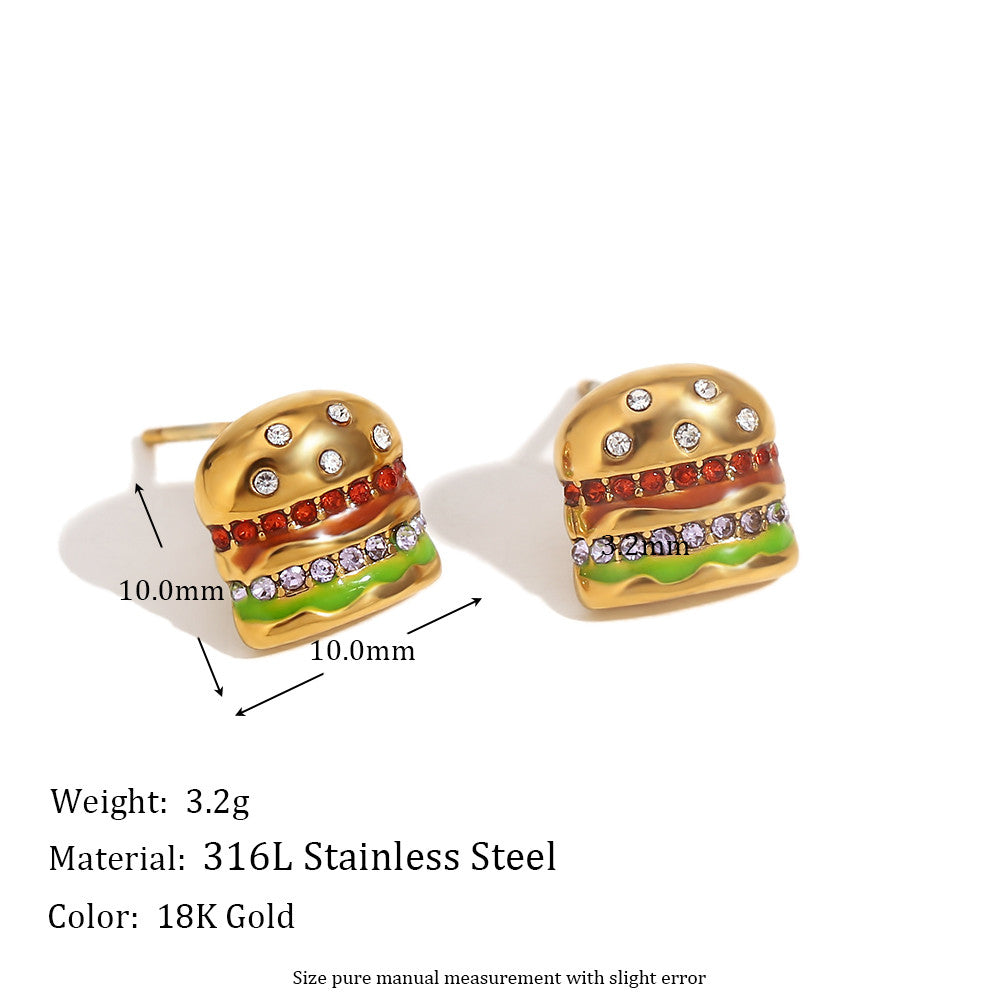 Ladies 18k Gold No Fade Summer Sweet Color Series Sandwich Pizza Ice Cream Earrings