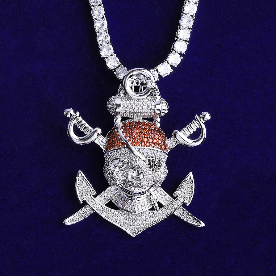 One Eyed Willie | VVS Diamond CZ Prong Set Pirate Skull Crossbones Anchor Pendant