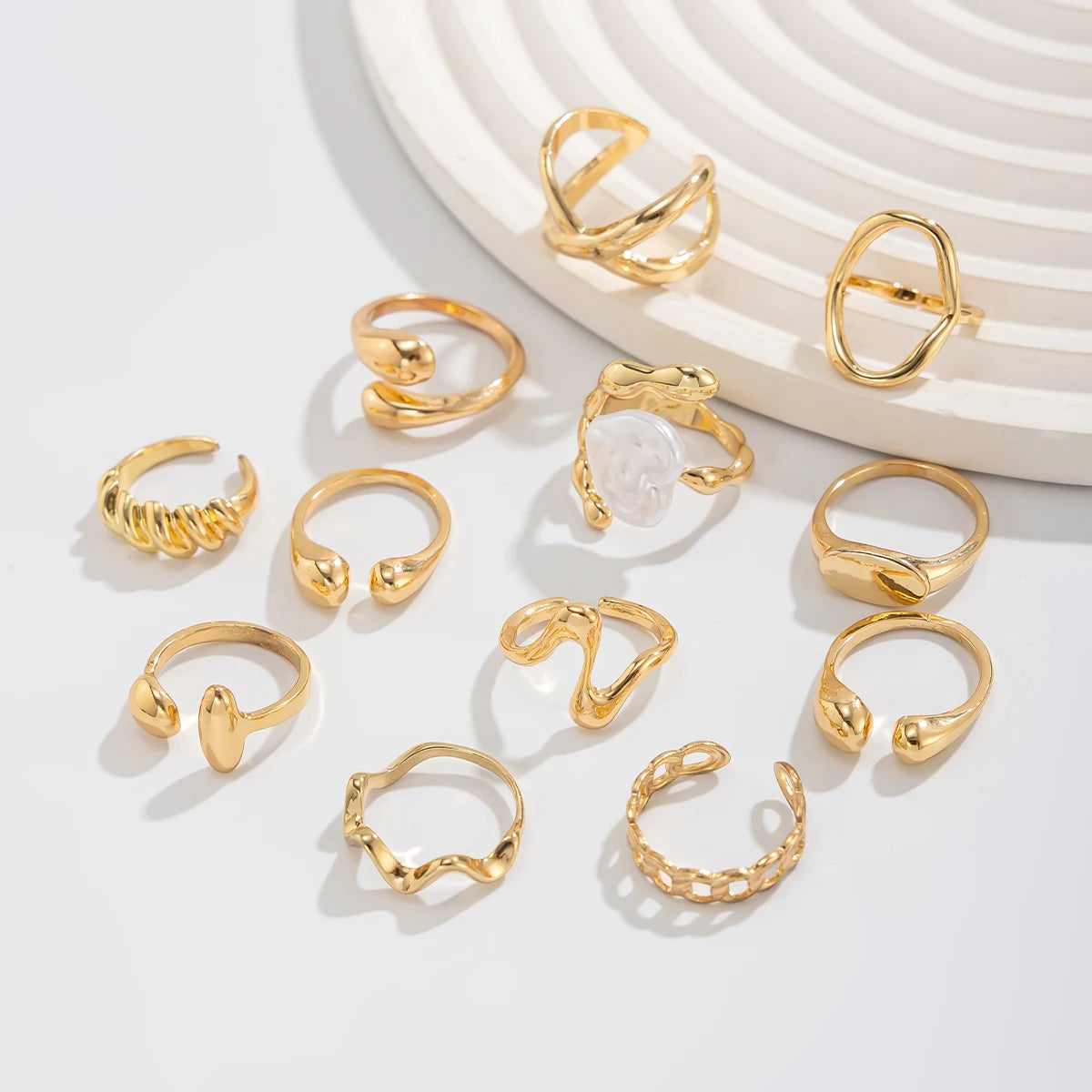 Ladies High Fashion Gold 12 Piece Tear Drop Vintage Ring Set