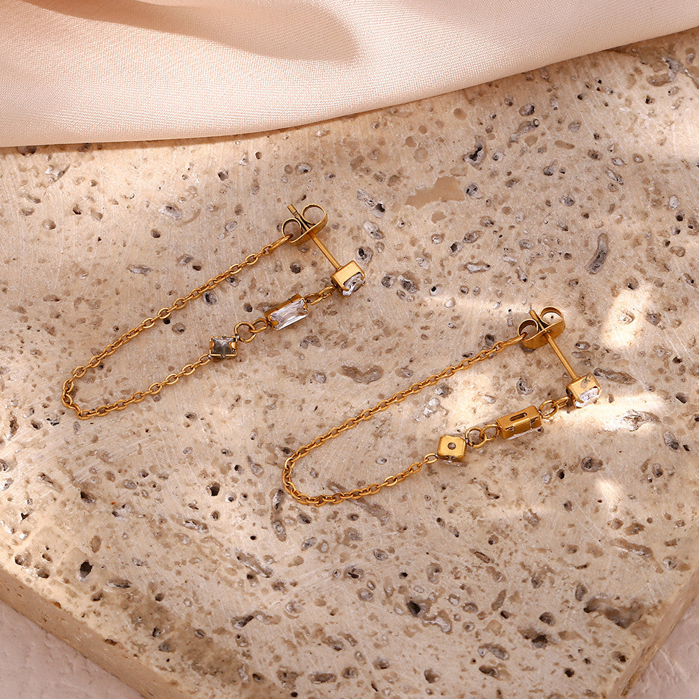 Ladies 18k Bling Micro Paved Rectangle Square Round CZ Stainless Steel Chain Drop Earring