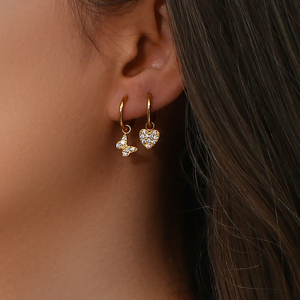 18k Gold Stainless Steel Waterproof Bling CZ Charm Cross Heart Butterfly Star Earrings