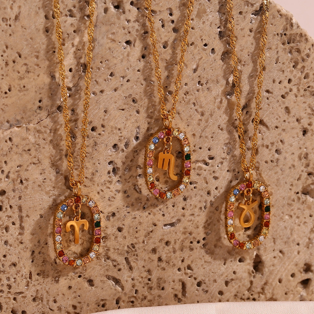 18k Gold Stainless Steel Colorful CZ Hollow Oval Zodiac Sign Pendant Necklaces