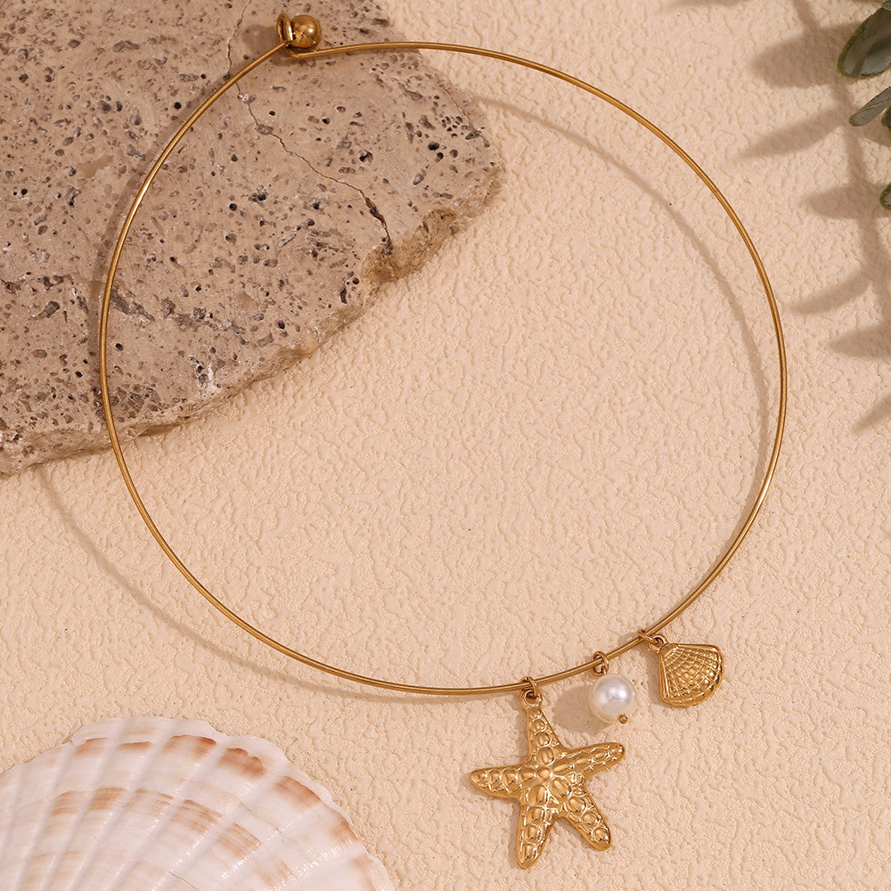 Solid Stainless Steel Starfish Scallop Pearl Waterproof 18k Gold Pendant Chain Necklace