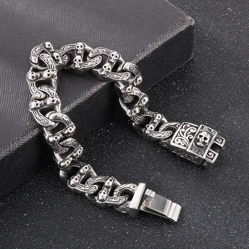 Skullsteel | Mens No Fade Stainless Steel Skull Cuban Link Hip Hop Rock Bracelet