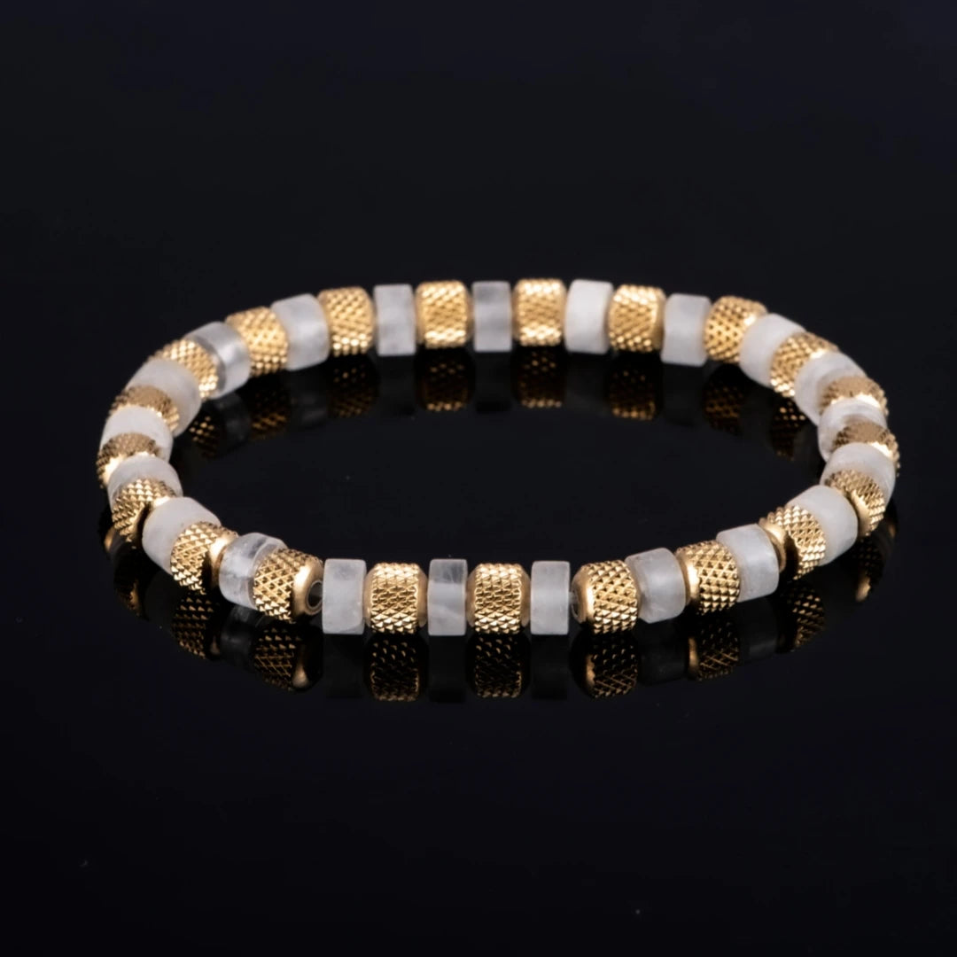 Natural Malachite | 18K Gold Over 304 Stainless Steel Mesh Beads Stone Elastic Stretch Bracelet