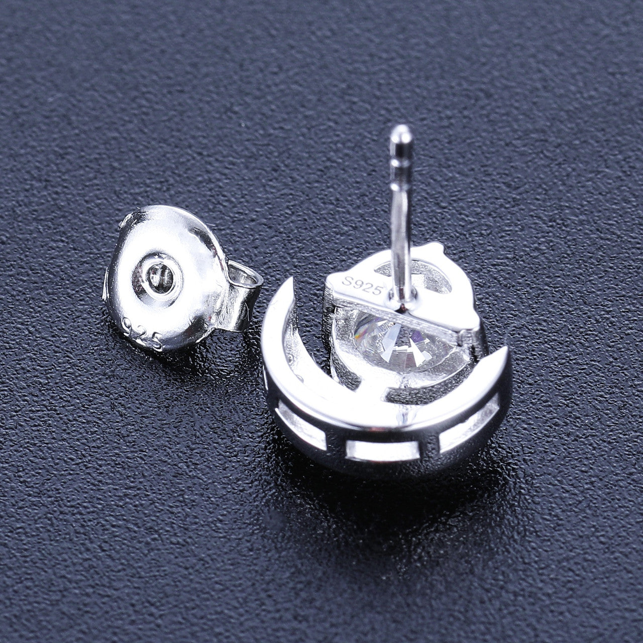 Genuine VVS Diamond Solid Sterling Silver Crescent Moon Stud Black White Bling Stone Earrings