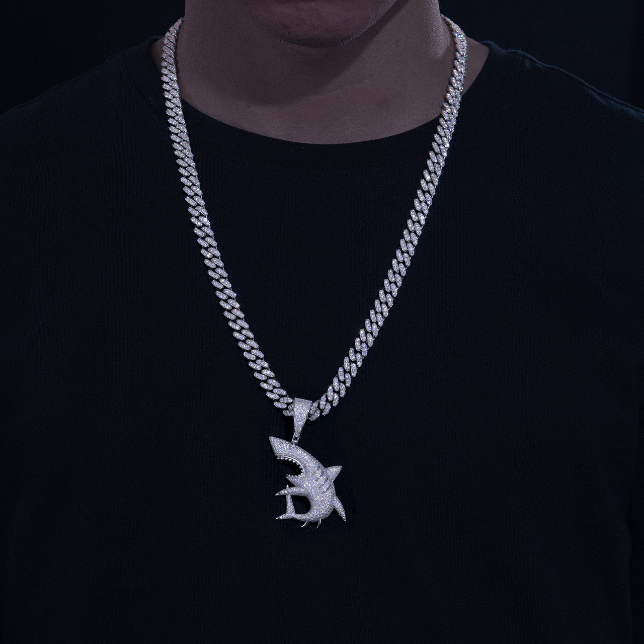 Shark Strike | Sterling Silver VVS Diamond Stones Great White Shark Iced Pendant