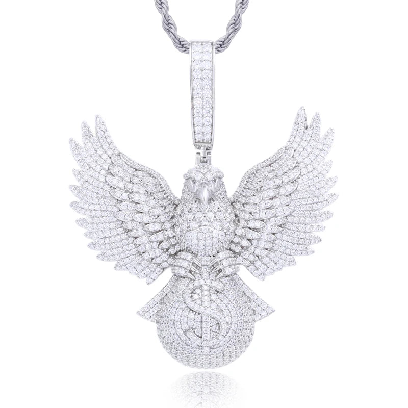 Fly High | Moissanite Diamond 925 Silver Soaring Eagle Holding Money Bag Iced Pendant