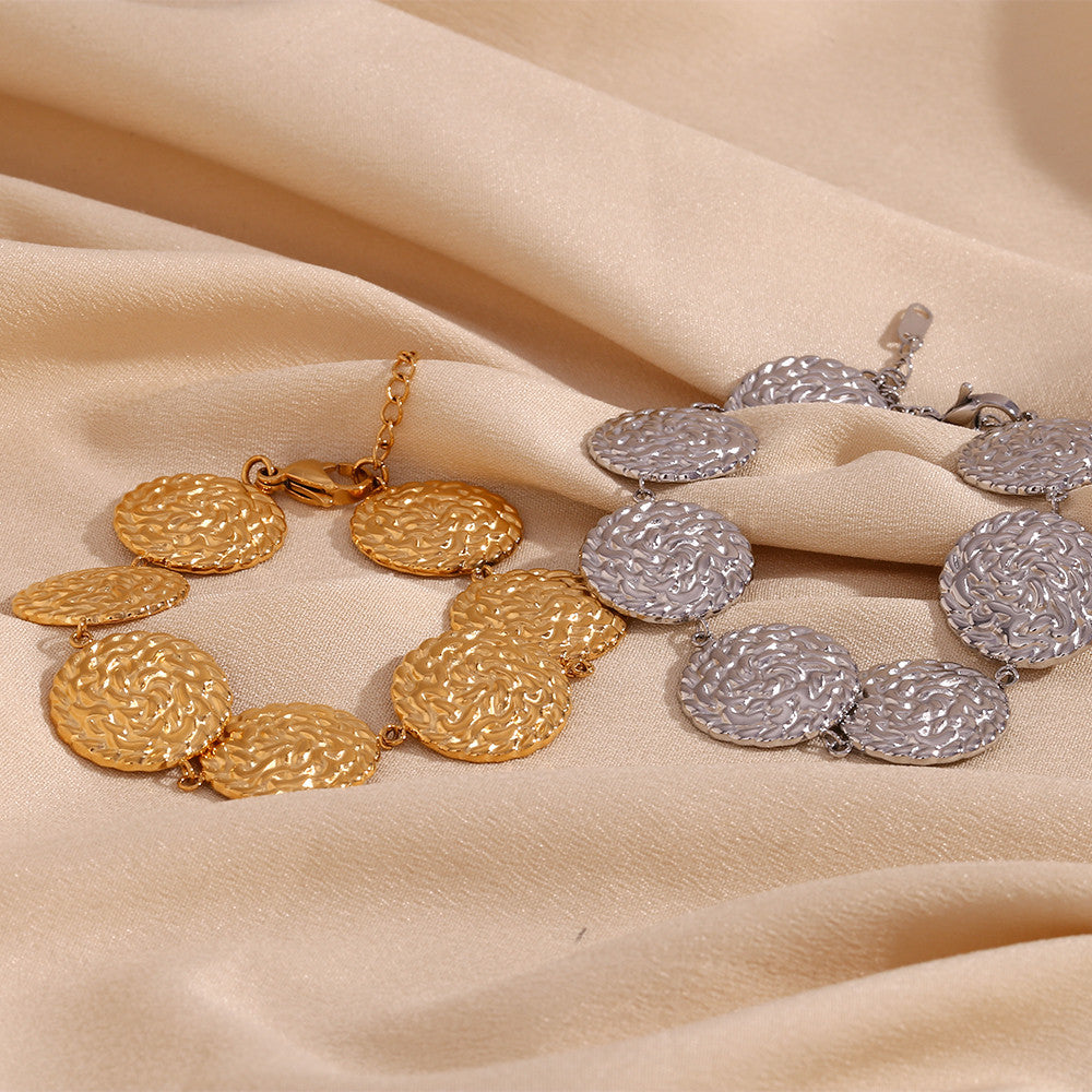 18k Gold Silver Circular Hammered Pattern Tarnish Free Stainless Steel Bracelet