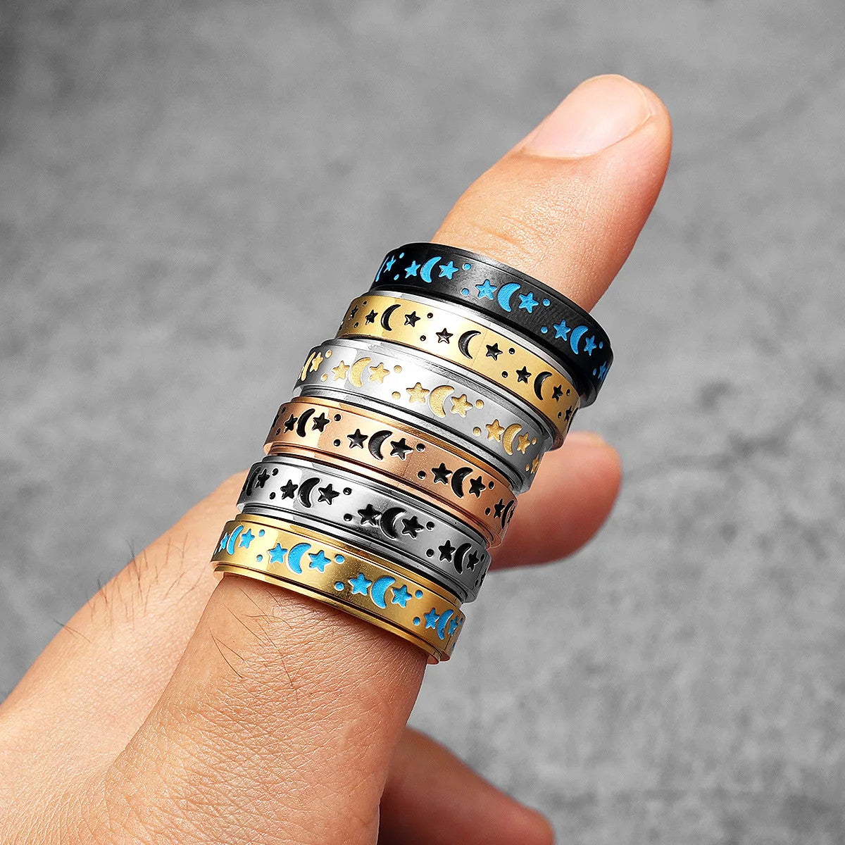 The Night Sky | 316L Stainless Steel Stars Moon Luminous Glowing Rotatable Rings