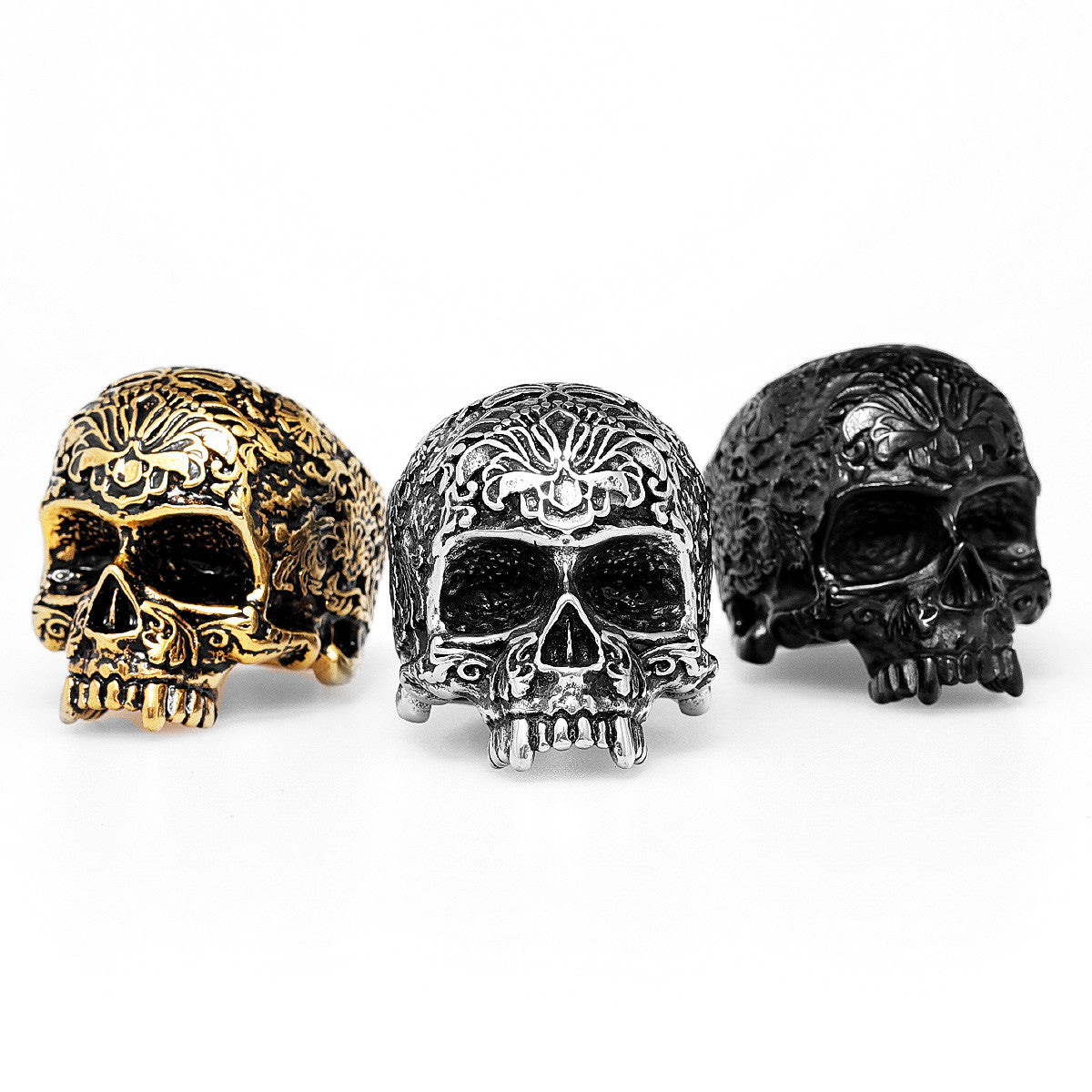 Mens Vintage Vampire 316L Stainless Steel Street Wear Carved Skull Rings