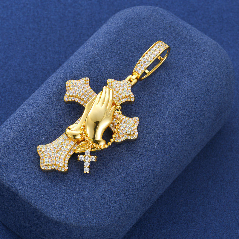 The Power Of Prayer | Solid 925 Silver Prayer Hands Cross Moissanite Diamond Hip Hop Pendant